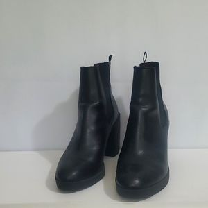 Black Ankle Booties, Round Toe, Casual Elastic, Chunky Block Heel & Sole